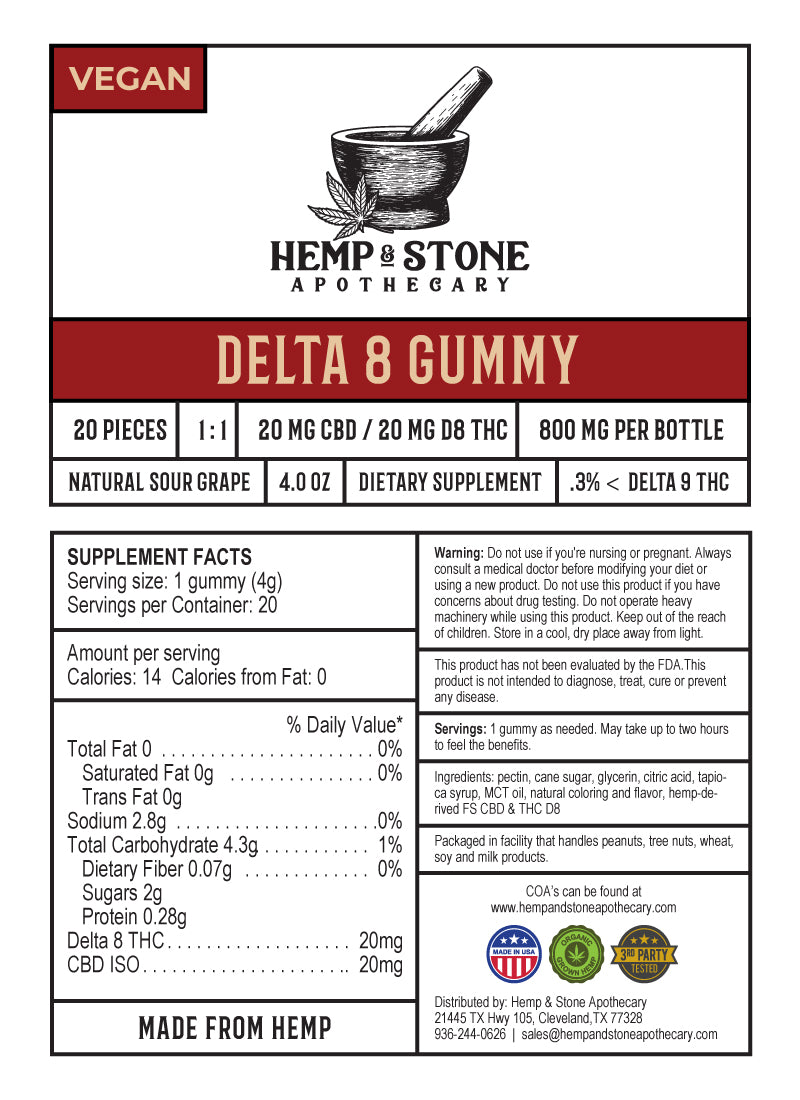 Hemp & Stone Apothecary 1:1 20mg CBD & Delta 8 Gummy 800mg