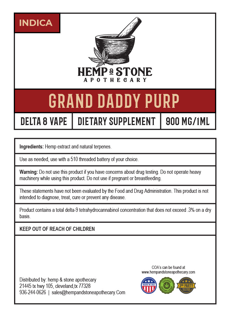 Hemp & Stone Apothecary Delta 8 Vape (Indica)