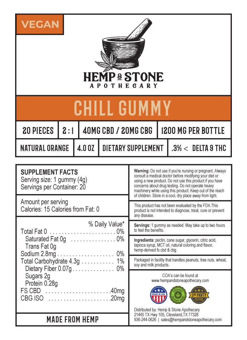 Hemp & Stone Apothecary 40mg CBD & 20mg GBG Chill Gummy 1200mg