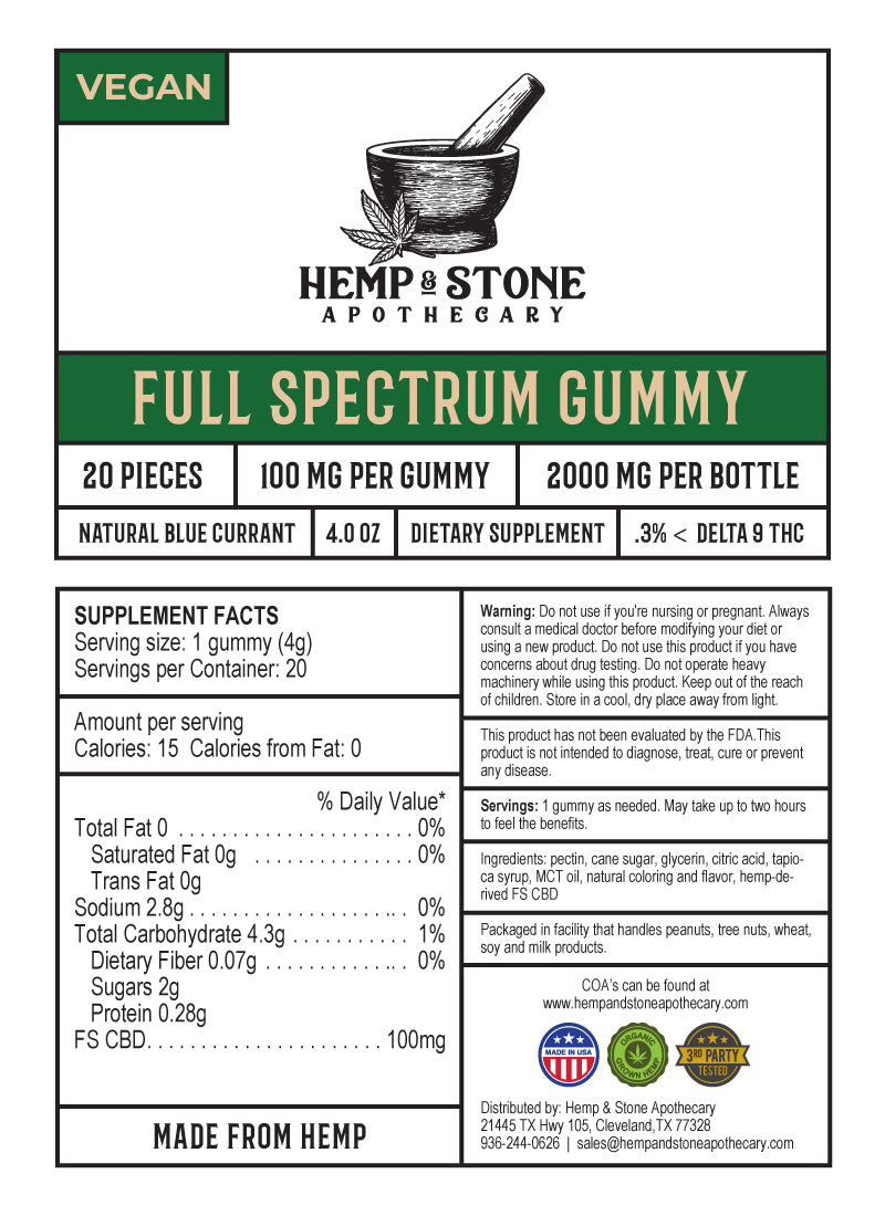 Hemp & Stone Apothecary 100mg full spec CBD Gummy 2000mg