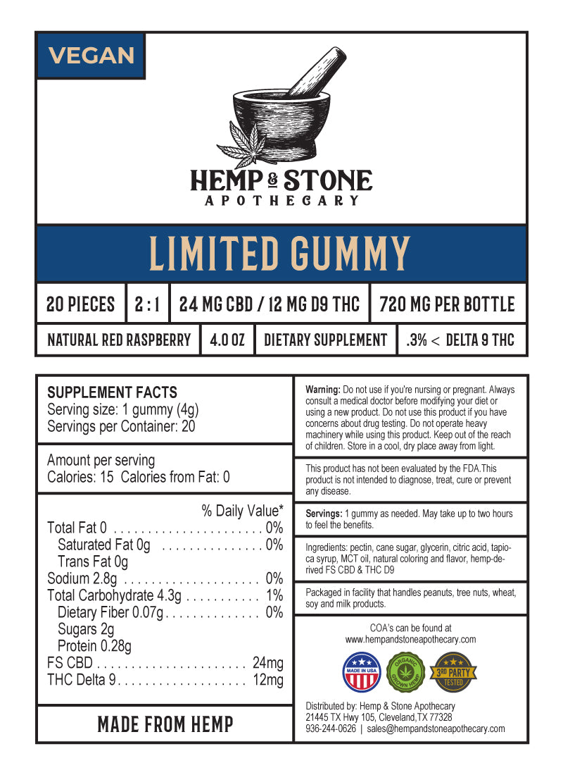 Hemp & Stone Apothecary 24mg CBD & 12mg Delta 9 Limited 2:1 Gummy 720mg (high dose)